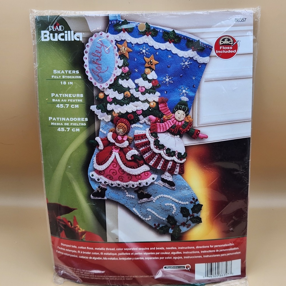 Bucilla Plaid 18" Felt Stocking Kit Christmas Ice Skaters Tree Holly #86357 2012